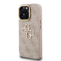 Guess PU 4G Metal Logo Stand Camera Frame dėklas skirtas Apple iPhone 15 Pro rožinės spalvos
