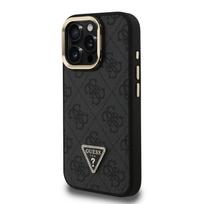 Guess PU 4G Strass Triangle Logo Stand Camera Frame MagSafe dėklas skirtas Apple iPhone 15 Pro Max juodos spalvos