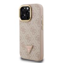 Guess PU 4G Strass Triangle Logo Stand Camera Frame MagSafe dėklas skirtas Apple iPhone 15 Pro Max rožinės spalvos