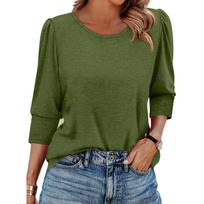 Women's Fashion Casual 3/4 Sleeve Solid Color Shirt Women's Round Neck Tops L armijos žalia spalva