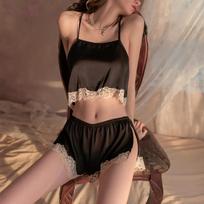 Women's Sexy Lingerie Set - Sheer Lace Halter Cami & Shorts Lightweight Pajamas Sleepwear Loungewear One size black