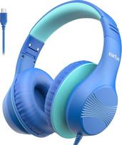 "EarFun" ausinės vaikams su USB-C kabeliu, 85 dB garsumo ribotuvu, patogios dėvėti, "Hi-Fi" garsas, sulankstomos, 8 lygių reguliuojama galvytė, ausinės vaikams, skirtos mokyklai, stalui ir kompiuteriui, mėlynos spalvos