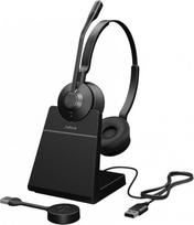 "Jabra Engage 55" stereofoninės ausinės UC, "Link 400a" DECT USB-A adapteris, "Engage 55" stalinis stovas, 1,2 m ilgio USB-C į USB-A kabelis, dėklas, garantija ir įspėjimas (saugos bukletai)