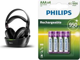 "Philips" SHD8850/12 belaidės ausinės per ausis (atviros, 30 m atstumas), juodos ir "Philips" R03B4A95/10 įkraunama AAA baterija (950 mAh, 1,2 V, 4 pakuotės)