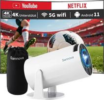 "Sannova" mini projektorius 1080P, 5G WiFi, 200 ANSI, "Android 11", automatinis geometrijos koregavimas, 180° pasukimo funkcija - nešiojamas išmanusis namų kino projektorius mobiliajam telefonui ir smūgiams atsparus dėklas