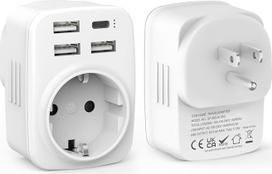 2 kelioninių adapterių pakuotė JAV adapteris, "5-in-1" JAV adapterio lizdas su 3USB 1USB C (3.4A), adapteris JAV Vokietijos kištukas, B tipo lizdo adapteris Amerikoje, Kanadoje, Meksikoje, Tailande