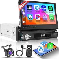 Inefala Carplay 1 DIN Wireless with Manual Retractable 7 Inch Display, Car Radio with Bluetooth 5.1, Android Car Mirror Link, Seven Colour AM/FM and USB/AUX/SWC Rear View Camera