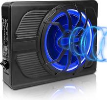 WODHMIEY 10 colių 800 W itin plonas aktyvusis žemų dažnių garsiakalbis automobiliui / sunkvežimiui su stiprintuvu, stiprūs bosai, dažnis 20 Hz - 150 Hz, įskaitant žemų dažnių valdiklį, su apsaugos funkcijomis, LED aplinkos apšvietimas (mėlyna)