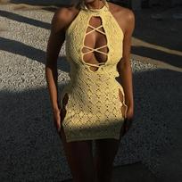 New Summer Style Sexy Hot Girl Hollow Solid Color Nightclub Sleeveless Hip Skirt for Women S geltona