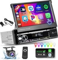 Hikity Car Radio 1Din Wireless Carplay with Extendible Screen 7 Inch Car Radio 1Din with Android Car Bluetooth Hands-Free Kit FM AUX TF USB SWC Mirror Link Reversing Camera