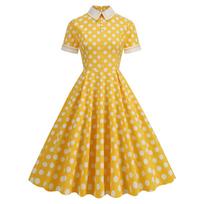Vintažinės taškeliais margintos suknelės moterims Vasaros elegantiškos sūpynės Rockabilly Party A Line suknelės moterims Midi Vestidos S geltona