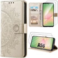 Case for Samsung Galaxy A56 5G - BOOLING - Synthetic Leather Golden Oriental Mandala Pattern - 2 Tempered Glasses auksas