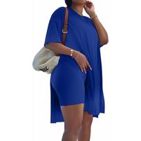 Women's Plus Size Short-sleeved Side Slit Tunic And Tight Shorts 2 Piece Suit Sportswear Set XXXL mėlyna