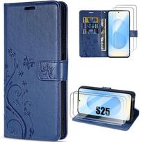 Case for Samsung Galaxy S25 - BOOLING - Navy Blue Synthetic Leather Butterfly Flower Pattern - 2 Tempered Glasses mėlyna