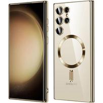 Dėklas Samsung Galaxy S25 Ultra, Silikoninis su Magnetiniu Žiedu ir Kameros Plėvele - Auksinis - BOOLING® auksas/skaidri