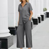 Linen Sets For Women 2 Piece Short Sleeve Shirts & Wide Leg Trousers Loose Fit Dressy Cotton Linen Sets Outfits L