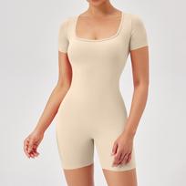 Women's Short Sleeve Yoga Tights Fitness Square Neck Bodysuit Jumpsuit L smėlis