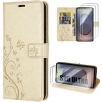 Case for Samsung Galaxy S25 Ultra - BOOLING - Golden Synthetic Leather Butterfly Flowers Pattern - 2 Tempered Glasses auksas