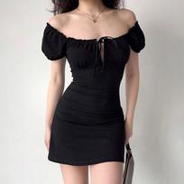 Square Neck Black Dress for Women Slim Fit Bubble Sleeve Midi Dress Party Elegant Vintage Style Clothing Summer XS juoda