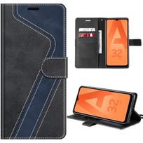 Samsung Galaxy A32 5G dėklas, atsparus smūgiams su PU oda ir TPU raštu, kortelių lizdais ir stovu - juodas juoda