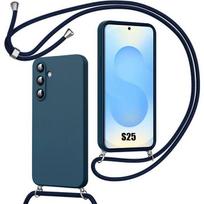 Case for Samsung Galaxy S25, Shockproof Liquid Silicone Protection with Navy Blue Lanyard mėlyna