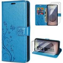 Case for Samsung Galaxy S25 Ultra - BOOLING - Blue PU Leather Protection with Floral Relief Pattern - 2 Tempered Glasses mėlyna