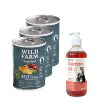 Wild Farm Superfood Beef 3x400 g pašaro šunims be grūdų + LAB V Lašišų aliejus šunims ir katėms 500ml
