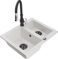 Granitinė virtuvinė plautuvė Mexen Carlos su maišytuvu ir sifonu, White/Black
