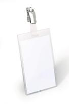 Dėklas vardinei kortelei Durable, 60x90mm, su metaliniu segtuku, vertikalus, skaidrus