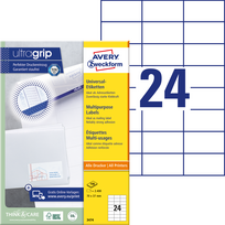 Lipnios etiketės Avery Zweckform, A4, 70x37mm, 24 etiketės lape, be rėmelio, 100 lapų, baltos spalvos