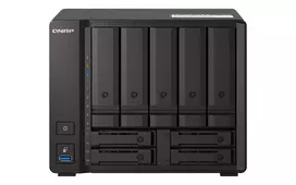 "QNAP 9-bay NAS AMD Ryzen V1500B 32GB DDR4 SODIMM 5x6,35cm 2,5Zoll/8,89cm 3,5Zoll SATA 6Gbps + 2x6,35cm 2,5Zoll U.2 NVMe PCIe Gen3 x4"