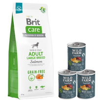 BRIT CARE Dog Grain-free Adult Large Breed Salmon 12kg + Wild Farm Superfood Beef 3x400 g pašaro šunims be grūdų