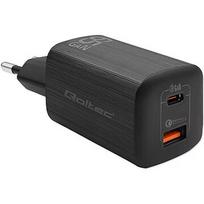 Qoltec 50766 GaN ULTRA 65W charger / 5-20V / 2.25 3.25A / 1 x USB type C PD / 1x USB / Black 50766