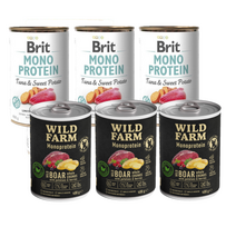 BRIT MONO PROTEIN TUNA & SWEET POTATO 3x400g + Wild Farm Monoprotein Wild Boar 3x400g hipoalerginis šunų ėdalas