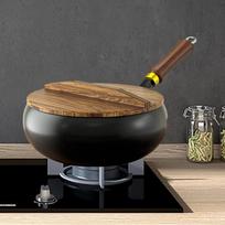 Cast Iron Pan Wooden Lid, Skillet Boiling Cookware Induction Cooker, Stir Fry Pan Chinese Wok for Kitchen Hotel Home Camping 24cm