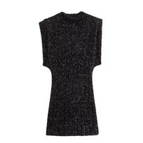 2024 Women's Black Sequin Mini Evening Dress with Sleeveless Design, Shoulder Pads, and Belt XS
