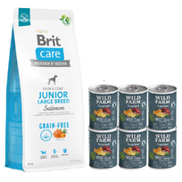BRIT CARE Dog Grain-free Junior Large Breed Salmon 12kg + Wild Farm Superfood Beef 6x400 g pašaro šunims be grūdų