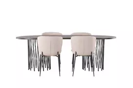 Akmens ovalus valgomojo stalas - juodas / Mocca fanera + Modesto valgomojo kėdė - smėlio spalvos / smėlio spalvos boucle _4