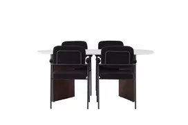 Valgomojo stalas Grönvik 180x75cm, Tamsi ruda/Balta+4 kėdės Vakar, Juoda/Juoda Boucle