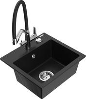 Granitinė virtuvinė plautuvė Mexen Milo su maišytuvu ir sifonu, Black/Chrome