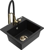 Granitinė virtuvinė plautuvė Mexen Milo su maišytuvu ir sifonu, Black/Gold