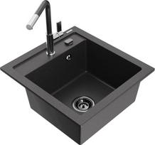 Granitinė virtuvinė plautuvė Mexen Vito su maišytuvu ir sifonu, Black granite/Black granite/Chrome