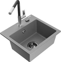 Granitinė virtuvinė plautuvė Mexen Milo su maišytuvu ir sifonu, Grey/Black/Chrome