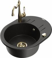 Granitinė virtuvinė plautuvė Mexen Kevin su maišytuvu ir sifonu, Metallic black/gold/Gold