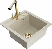 Granitinė virtuvinė plautuvė Mexen Vito su maišytuvu ir sifonu, Beige/Gold