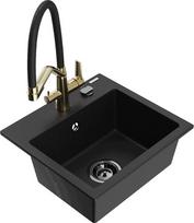 Granitinė virtuvinė plautuvė Mexen Milo su maišytuvu ir sifonu, Black/Gold