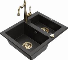 Granitinė virtuvinė plautuvė Mexen Carlos su maišytuvu ir sifonu, Metallic black/Silver/Gold
