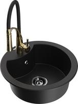 Granitinė virtuvinė plautuvė Mexen Diego su maišytuvu ir sifonu, Black/Gold