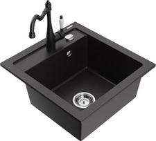 Granitinė virtuvinė plautuvė Mexen Vito su maišytuvu ir sifonu, Metallic black/gold+Black