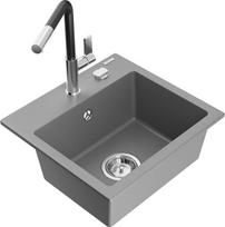 Granitinė virtuvinė plautuvė Mexen Milo su maišytuvu ir sifonu, Grey/Black/Chrome